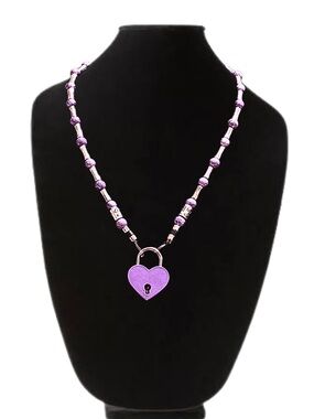 Purple Heart Lock Beaded Necklace and Key Dangle